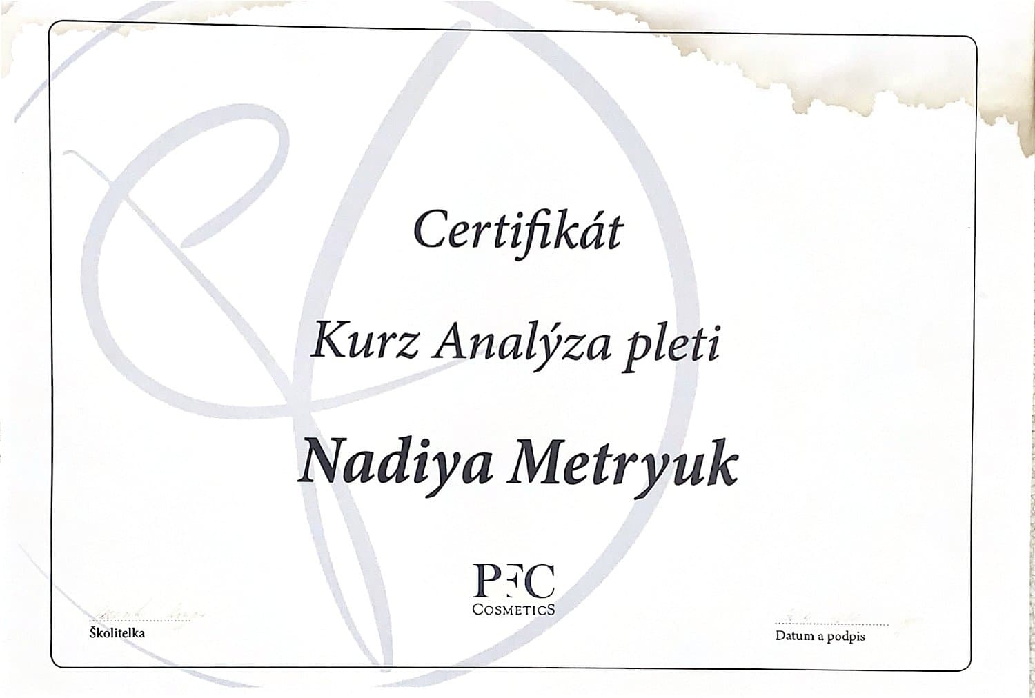 Certifikát — Analýza pleti, PFC Cosmetics Academy, 2011