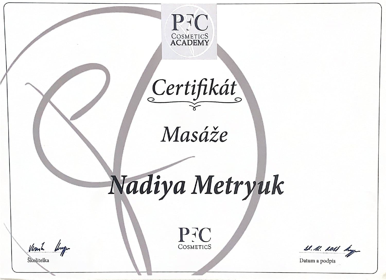 Certifikát — Masáže, PFC Cosmetics Academy, 2011