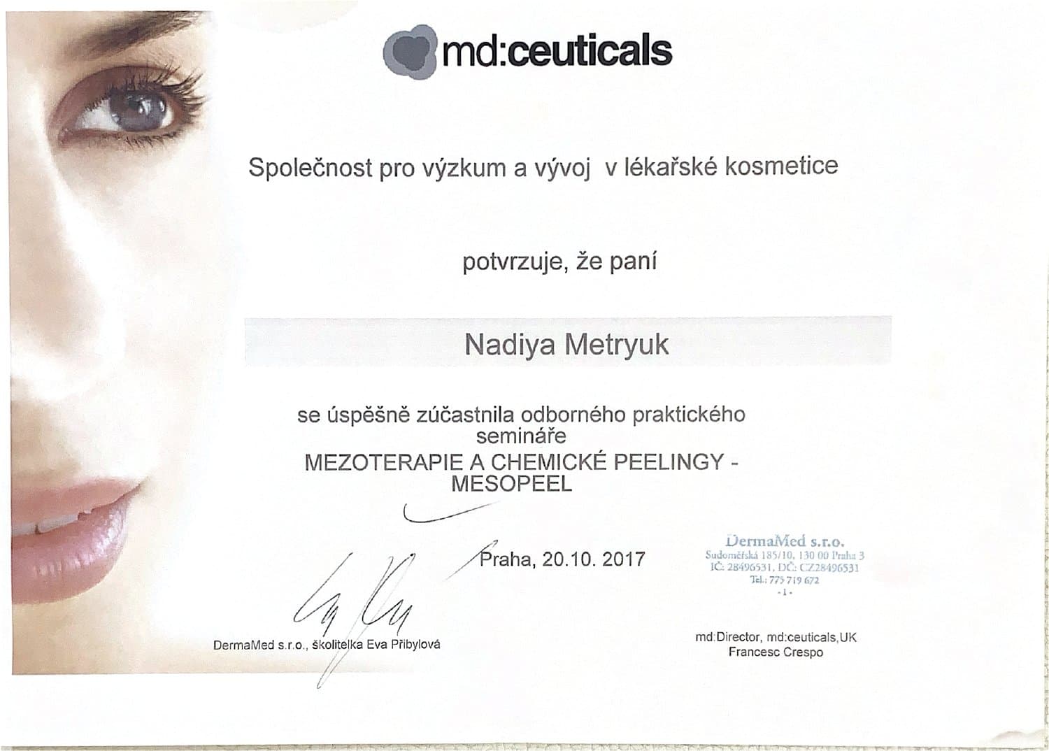 Certifikát — Mezoterapie a chemické peelingy (Mesopeel), md:ceuticals — DermaMed, 2017